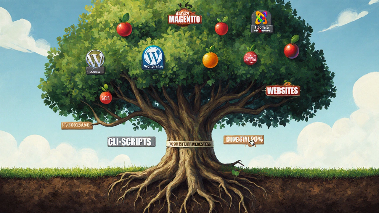 Baum mit Wurzeln aus WordPress und Magento, repräsentiert PHP als unsichtbare Web-Infrastruktur.