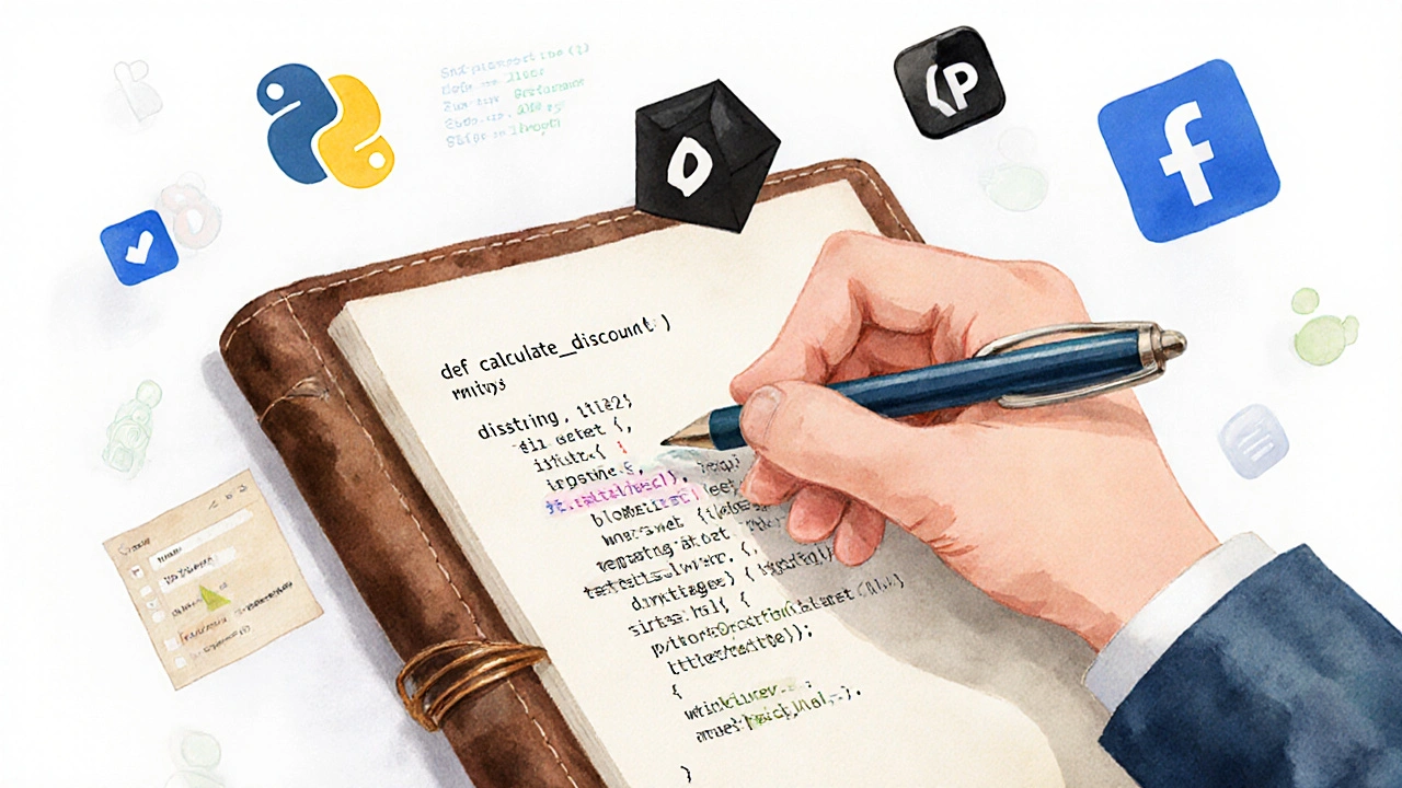 Hand schreibt eine dokumentierte Python-Funktion mit Tools wie pytest und Black in der Umgebung.