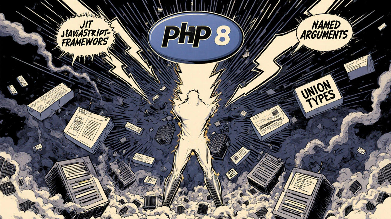 Heroischer PHP 8-Symbol in Comic-Stil besiegt veraltete Technologien mit modernen Features.