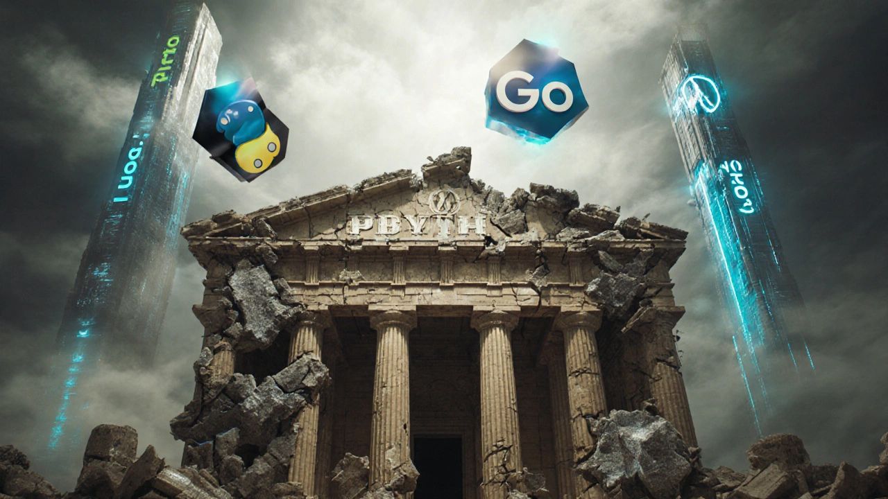 Ein alter PHP-Tempel bricht zusammen, während moderne Technologien wie Python und Go als Türme aufsteigen.