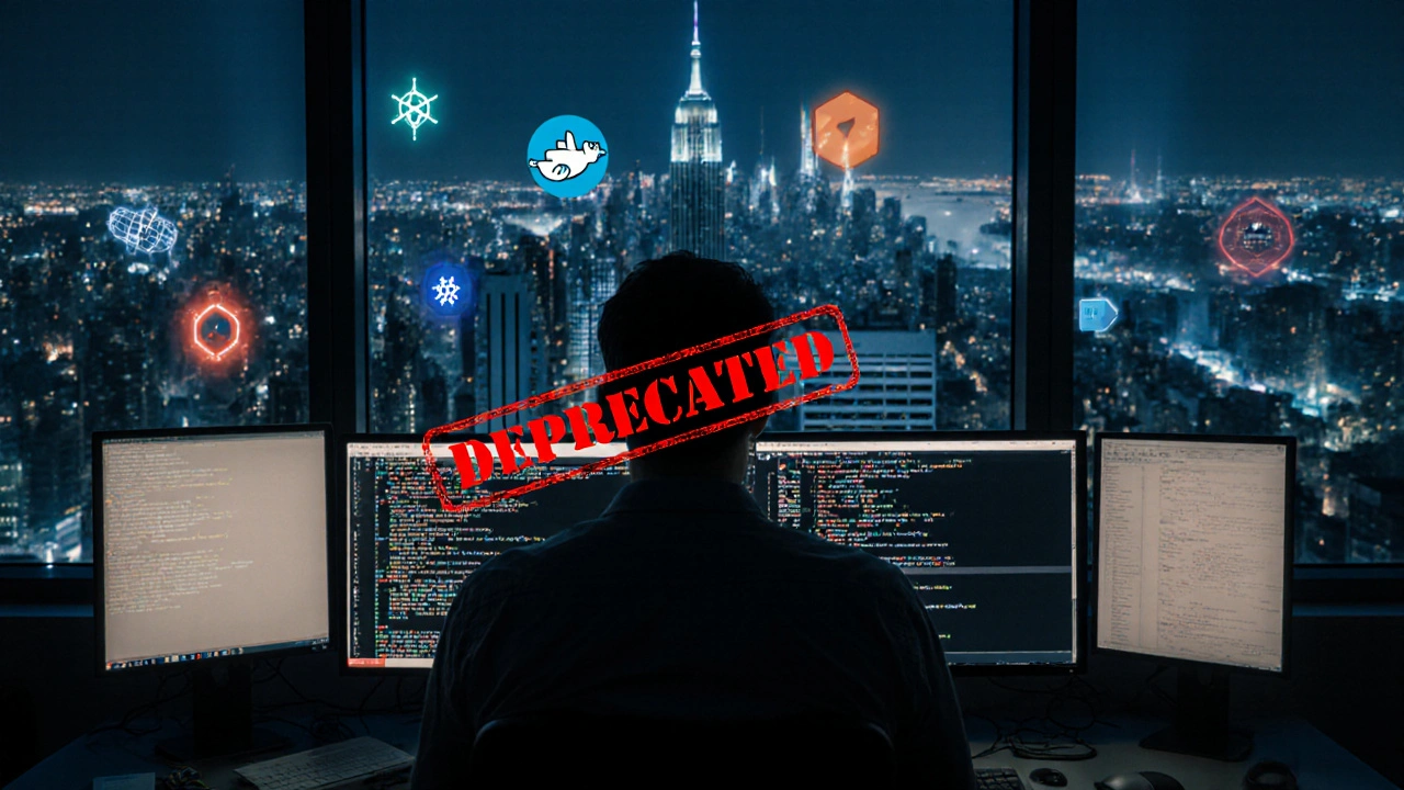 Ein Entwickler blickt auf veralteten PHP-Code, während draußen eine moderne digitale Stadt leuchtet.