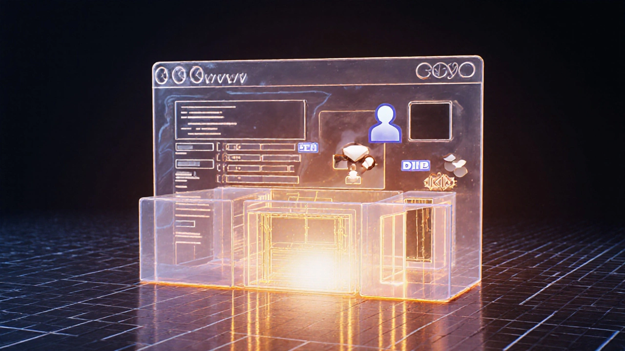 3D‑Ansicht einer Website als Bau: HTML‑Skelett, PHP‑Logik füllt das Innere.