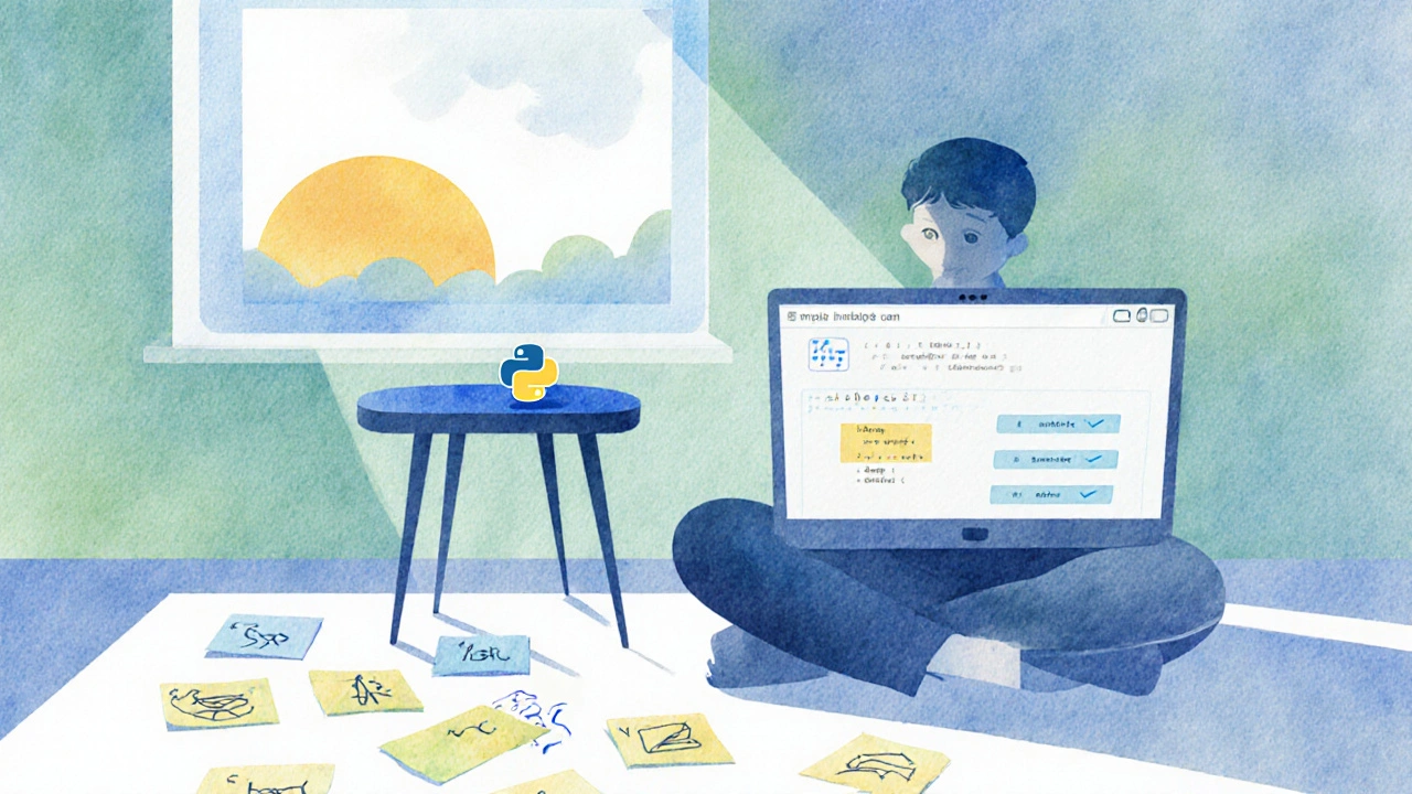 Anfänger lernt mit Laptop, nummerisches Spiel und kleinen Python‑Figur in ruhiger Aquarellszene.