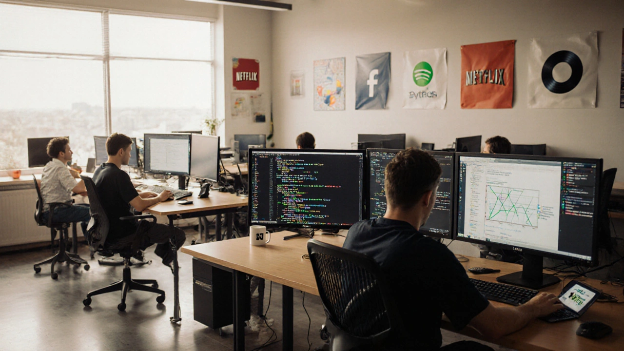 Büroszene mit Entwicklern, Bildschirmen voller Python‑Code und Logos von Google, Facebook, Netflix, Spotify, Uber.