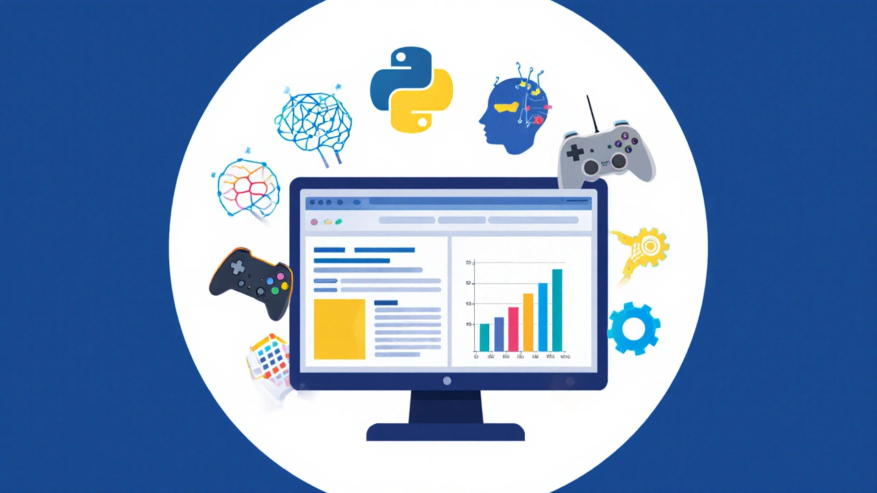 Collage aus Symbolen für Web, Daten, KI, Automation und Spiele, die Pythons Vielseitigkeit zeigen.