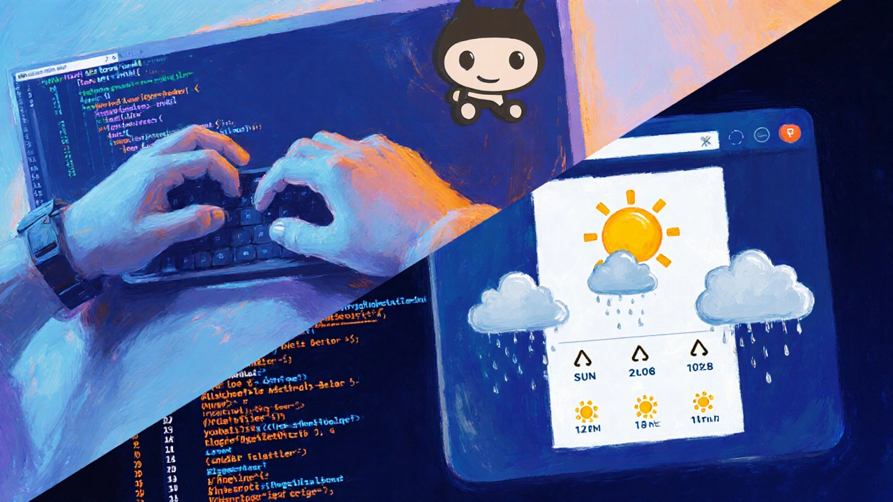 Developer working on a weather widget: code on left, live widget on right, with GitHub terminal overlay.