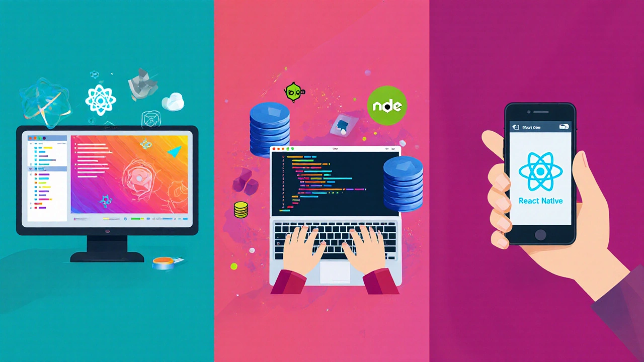 Drei Panels zeigen Front‑End‑Entwickler, Node.js‑Backend‑Entwickler und Mobile‑Entwickler.