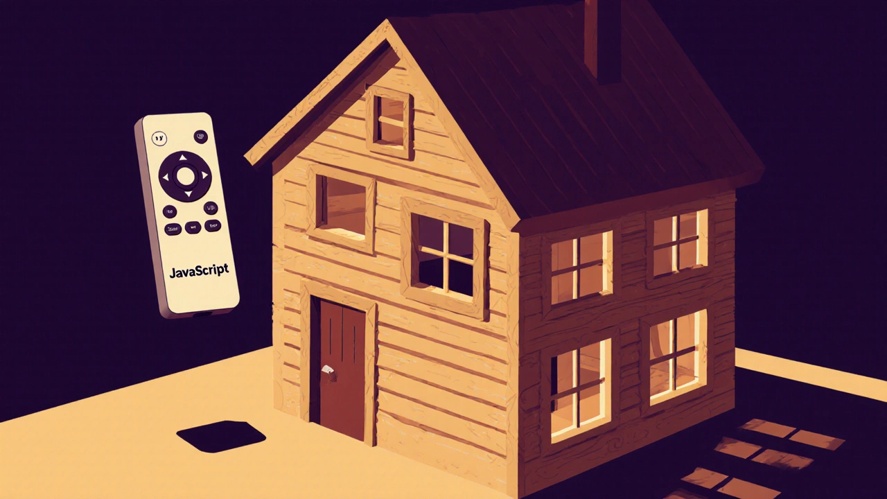 Ein Holzhaus ohne Elektronik, daneben eine nutzlose Fernbedienung mit dem Label 'JavaScript'.