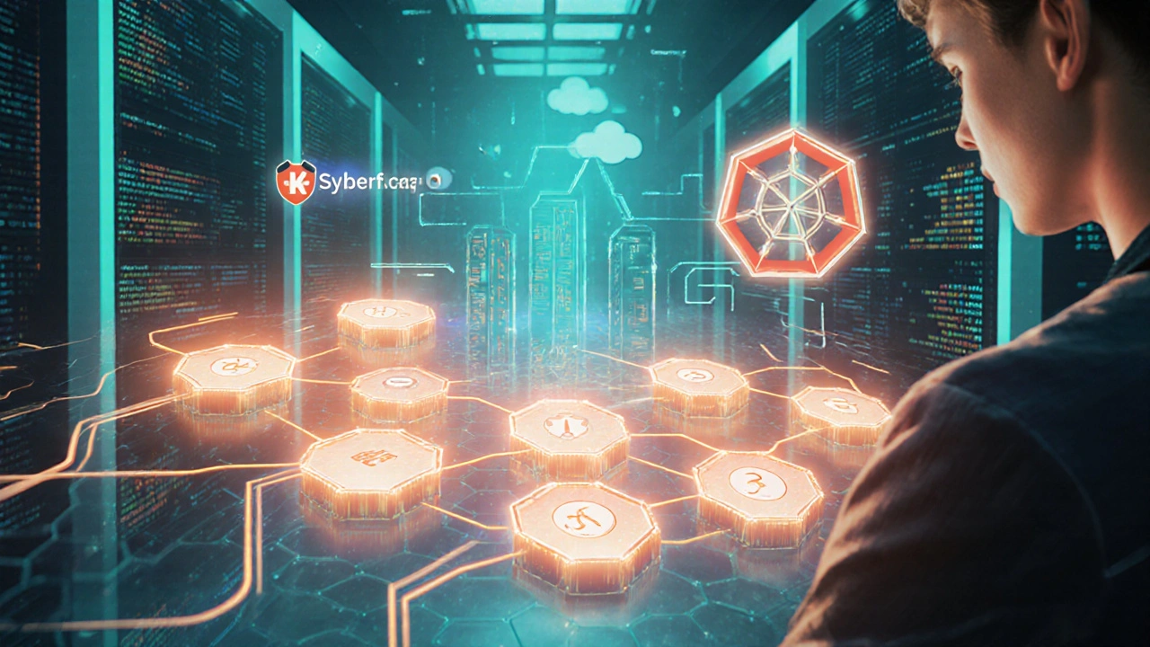 Entwickler arbeitet mit Docker‑Containern und Kubernetes‑Orchestrierung, Laravel‑Symbol im Hintergrund, moderne Cloud‑Umgebung.
