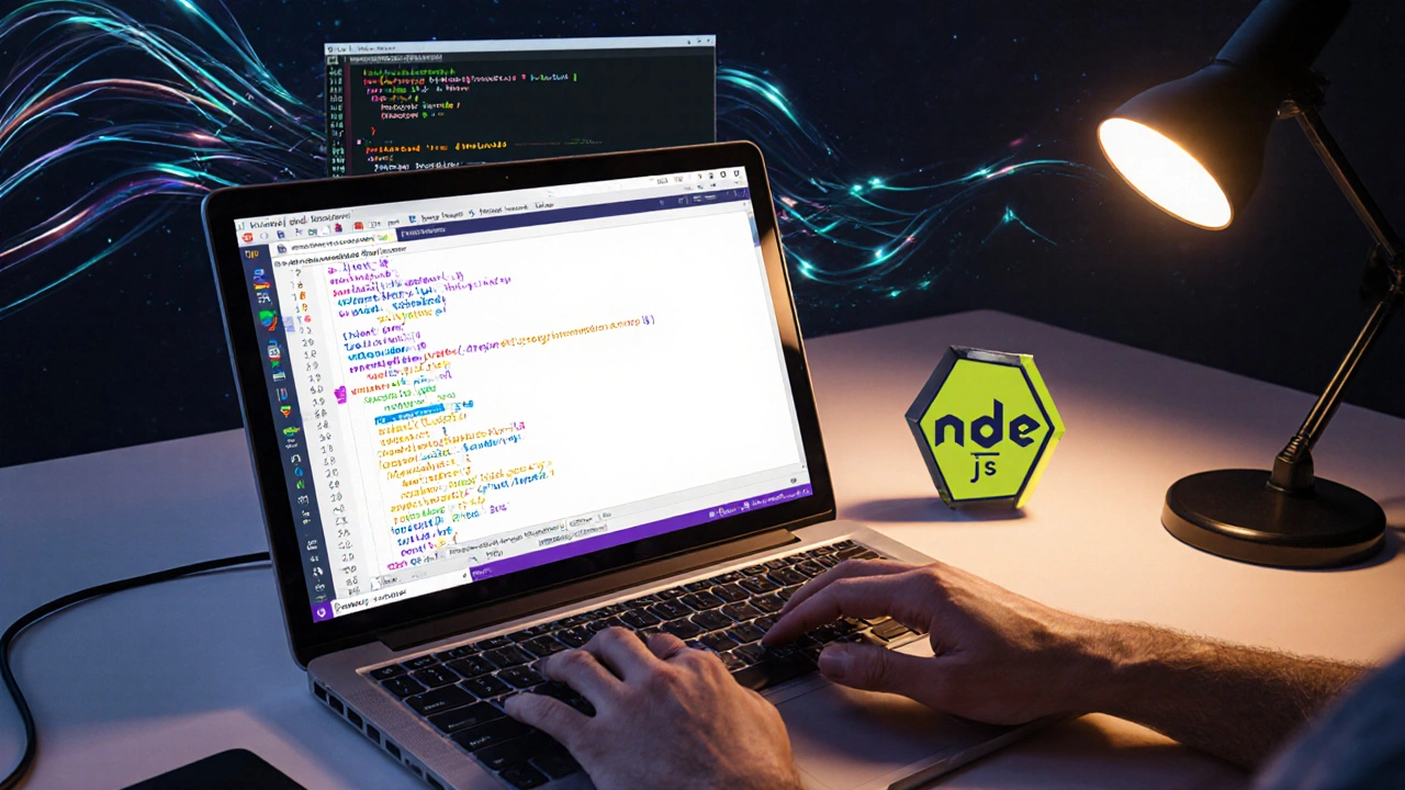 Entwickler‑Arbeitsplatz mit Laptop, VS Code‑Fenster, Terminal‑npm‑Befehl und Node‑Logo.