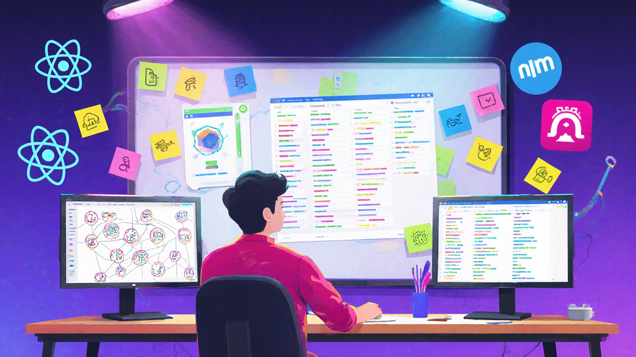 Entwickler programmiert React‑App mit Git‑ und npm‑Symbolen im Coworking‑Space.
