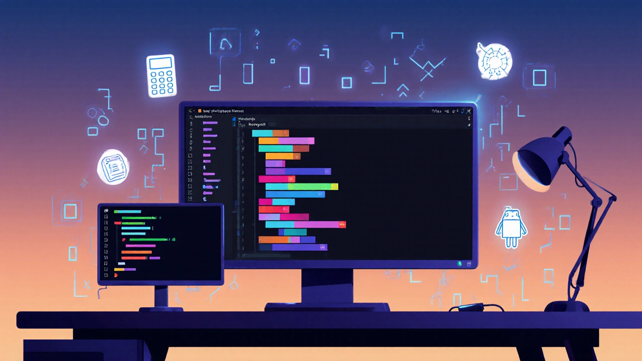 Entwicklerarbeitsplatz bei Dämmerung mit VSCode, Terminal und Mini‑Projekt‑Symbolen.