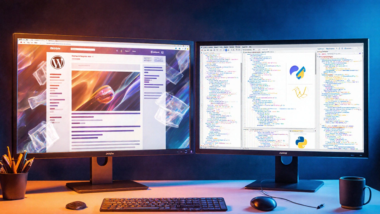Entwicklerpult mit Monitor, der eine WordPress‑Webseite (PHP) zeigt, neben einem Jupyter‑Notebook (Python) mit Diagrammen.