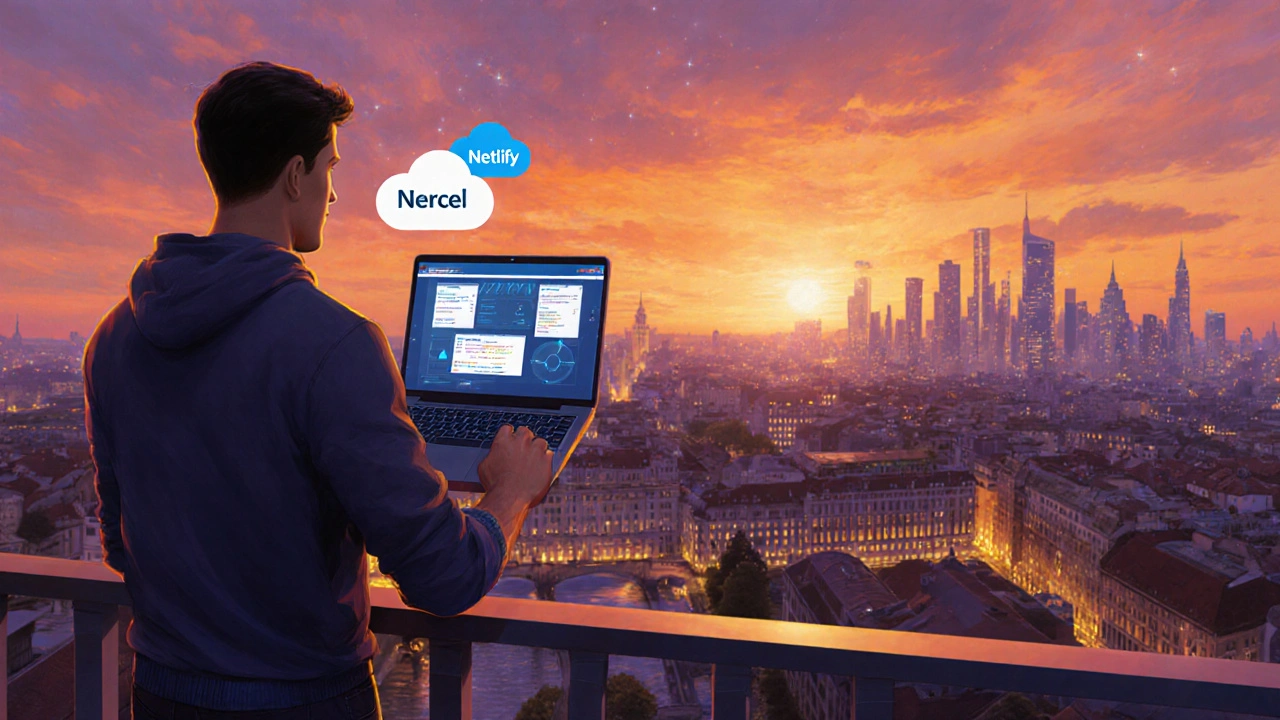 Full‑Stack‑Entwickler zeigt bereitgestellte Web‑App mit Wiener Skyline bei Sonnenuntergang.