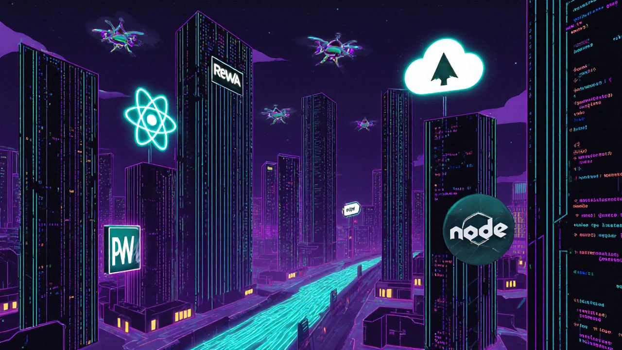 Futuristische Stadt aus Code mit Symbolen für React, Node.js, PWA und Serverless‑Funktionen.