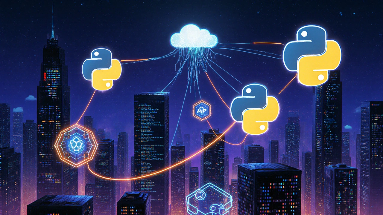 Futuristische Stadt mit holografischen Python‑Symbolen, KI‑Grafiken und Edge‑Geräten im Neonlicht.