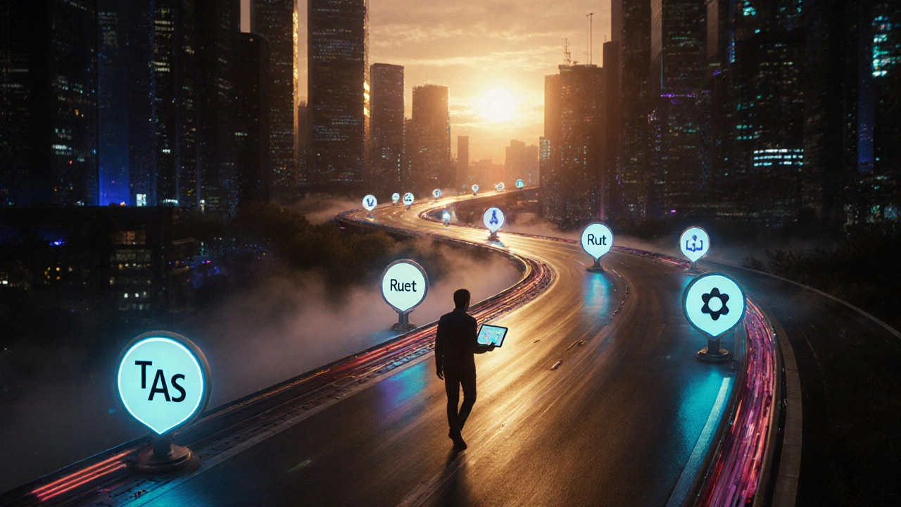 Futuristischer Weg mit Licht‑Waypoints für verschiedene Sprachen, Sonnenaufgang im Hintergrund.