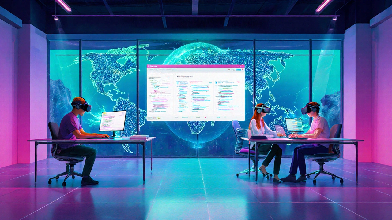 Futuristisches Coworking‑Hub zeigt Remote‑Entwickler, KI‑Assistenten und ein vernetztes digitales Globus‑Interface.