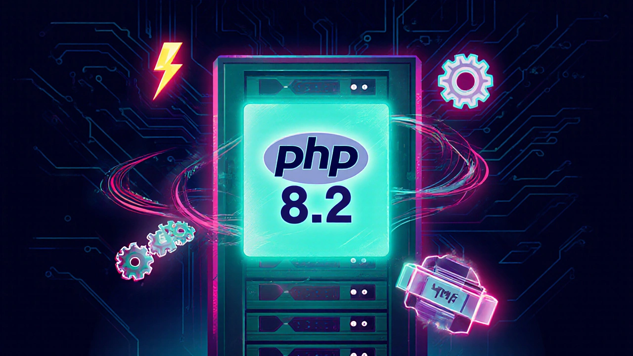 Futuristisches Serverrack mit leuchtendem PHP‑8.2‑Logo und Symbolen für JIT und Fibers.