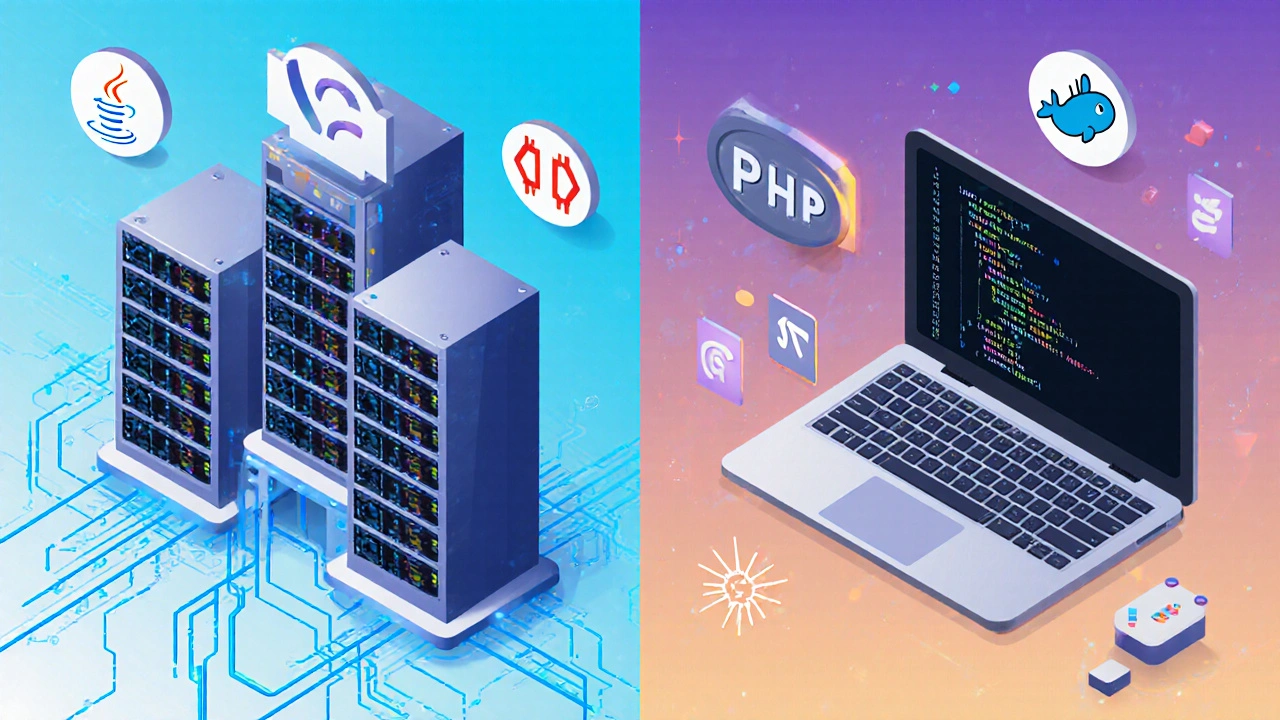 Geteilte Szene zeigt leistungsstarke Java‑Server auf der einen Seite und einen PHP‑Entwickler‑Laptop mit Code auf der anderen.