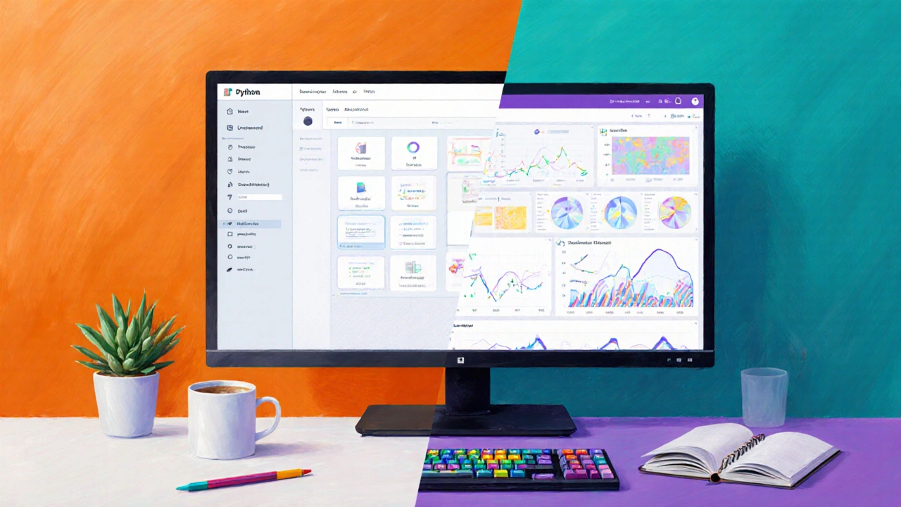 Geteilter Arbeitsplatz: PHP‑Dashboard links, Python‑Daten‑Dashboard rechts.