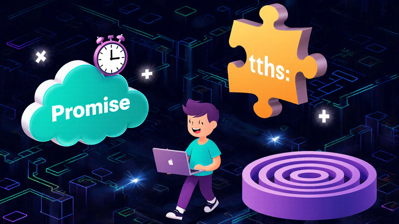 Illustration der drei JavaScript‑Hürden: Asynchronität, this‑Kontext, Closures.