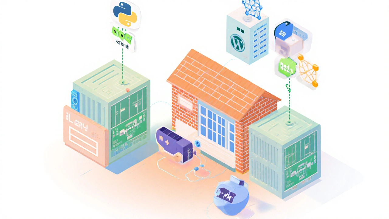 Isometrische Darstellung einer hybriden Web‑Architektur mit PHP, Docker, Node.js und Python.