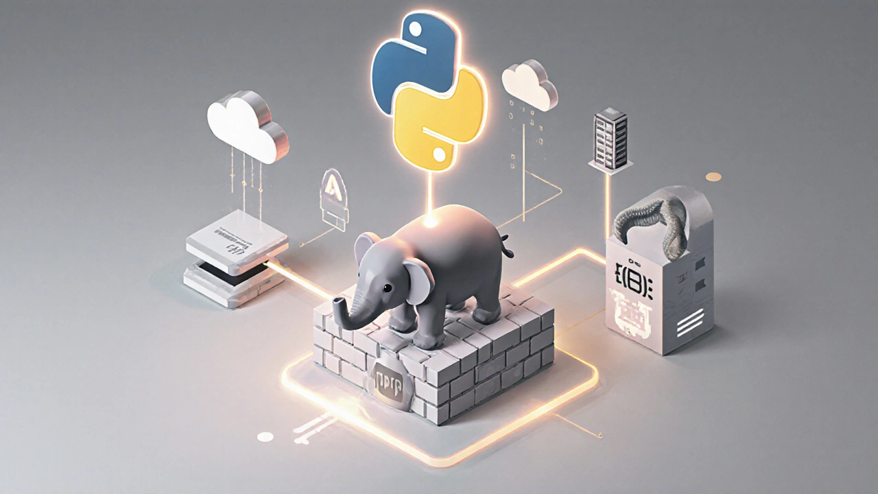 Isometrische Systemdarstellung, in der ein PHP‑Elefant‑Modul über APIs mit einem Python‑Schlangen‑Modul für Datenverarbeitung verbunden ist.