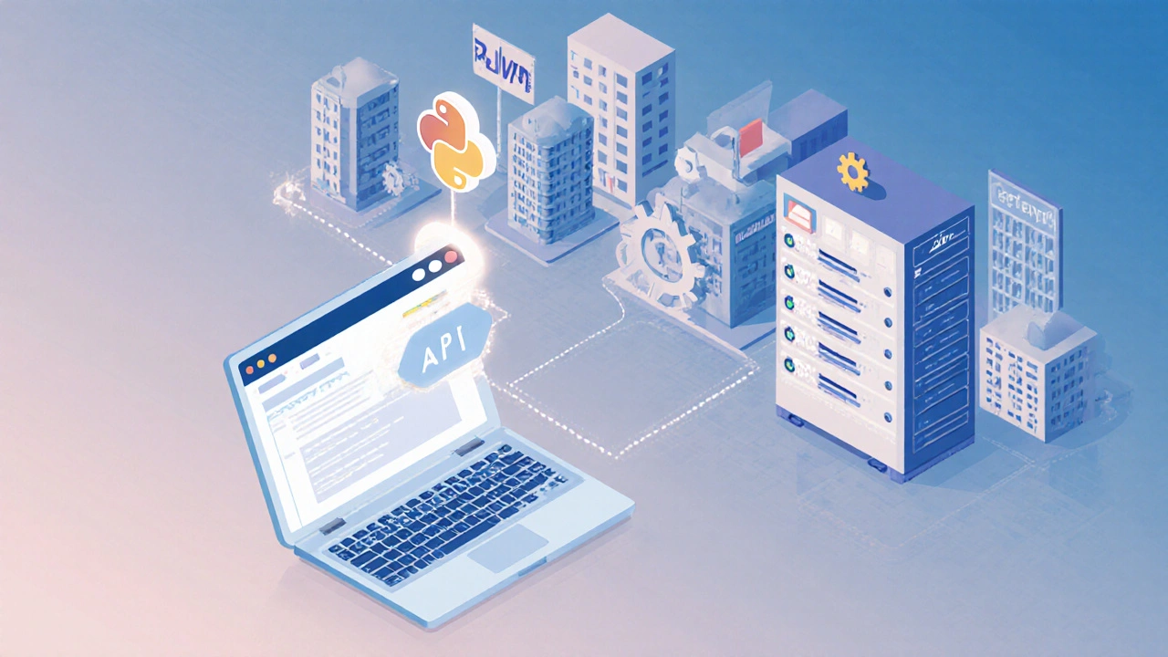 Isometrisches Bild einer PHP‑Webseite, die via API mit einem Python‑Microservice kommuniziert.