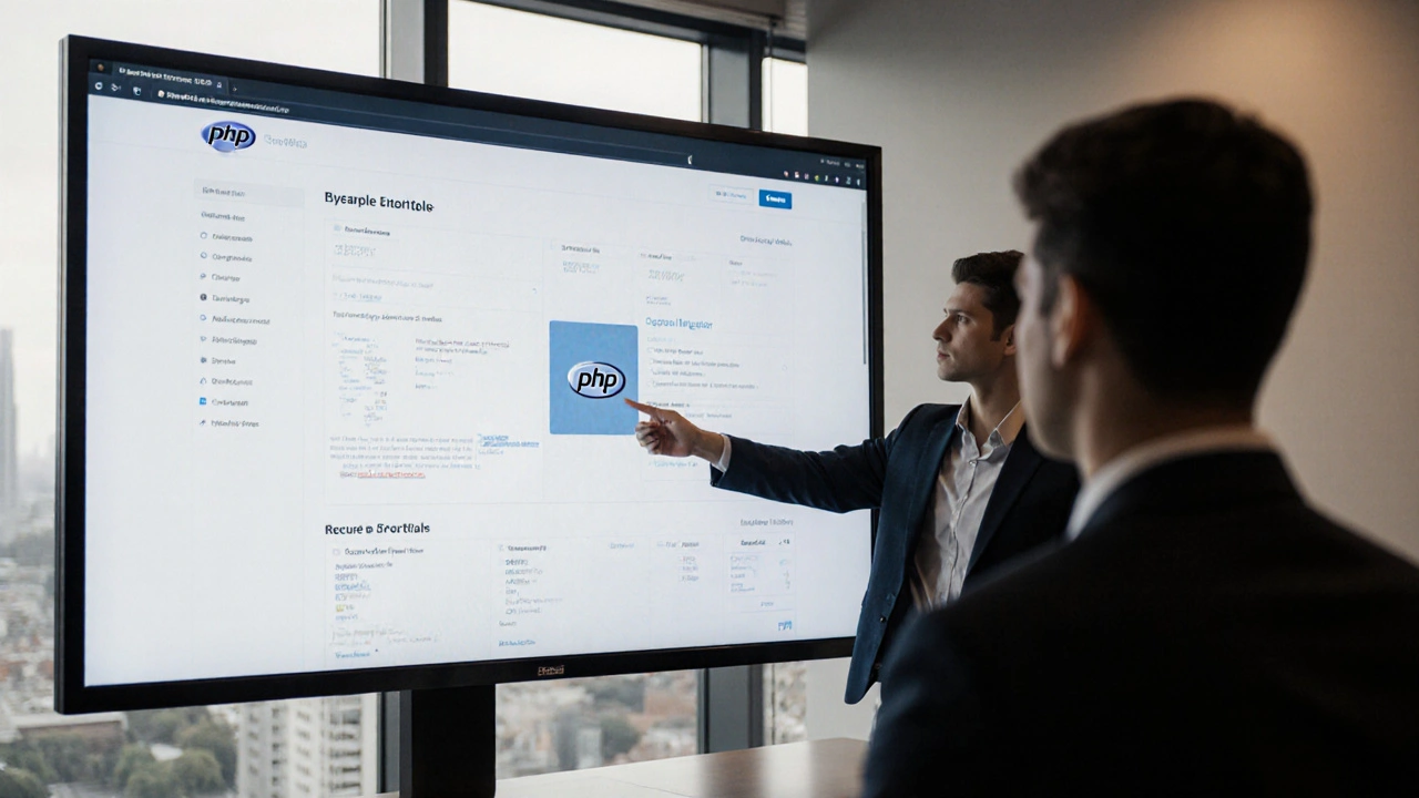 Junger Entwickler präsentiert Portfolio auf Monitor vor Personalchef in modernem Büro.