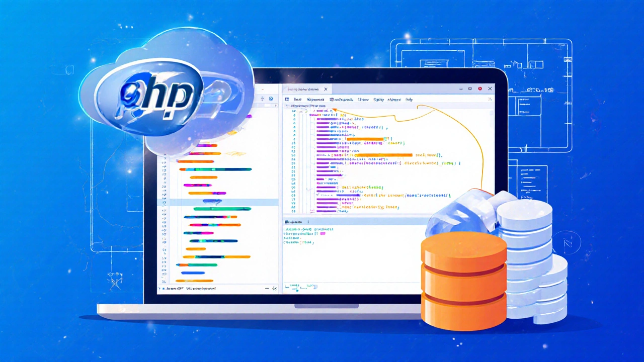 Laptop mit XAMPP: PHP‑Editor, Live‑Vorschau und MySQL‑Zylinder verbunden.