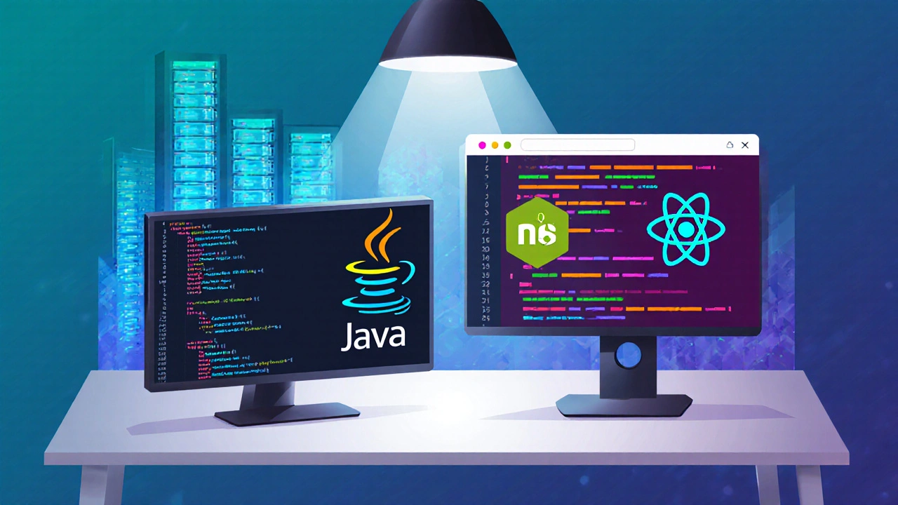 Modernes Büro mit zwei Monitoren: Java‑Spring‑Code links, JavaScript‑React‑Node rechts.