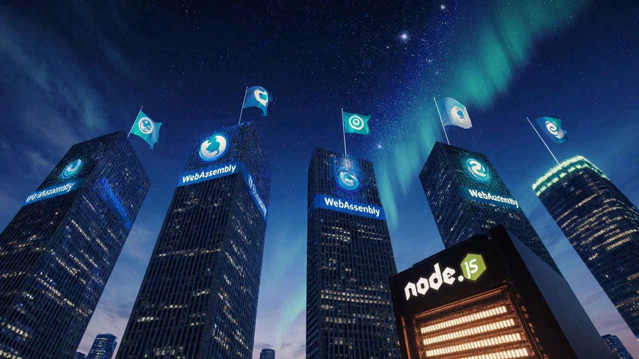 Nacht‑Stadt mit Browser‑Wolkenkratzern, WebAssembly‑Bannern und einem leuchtenden Node‑Server.