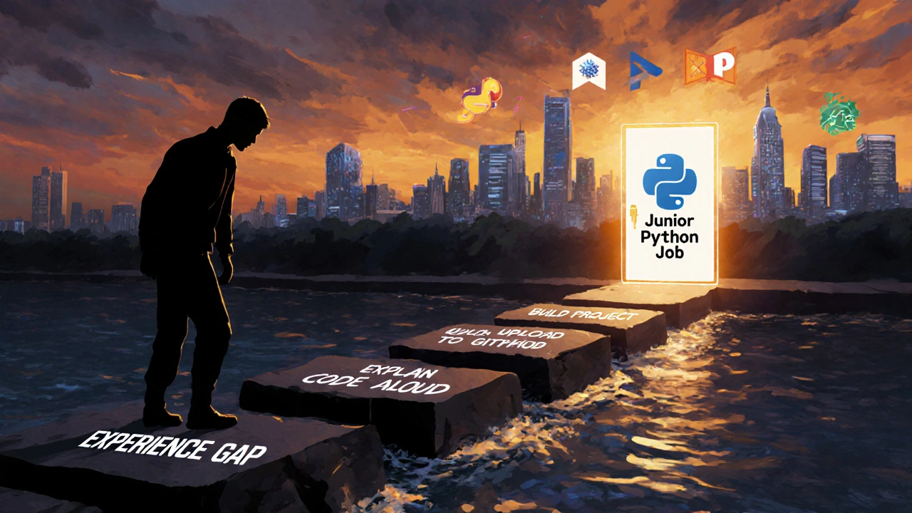 Person überquert eine Brücke aus Lernschritten zur ersten Python-Job-Tür.