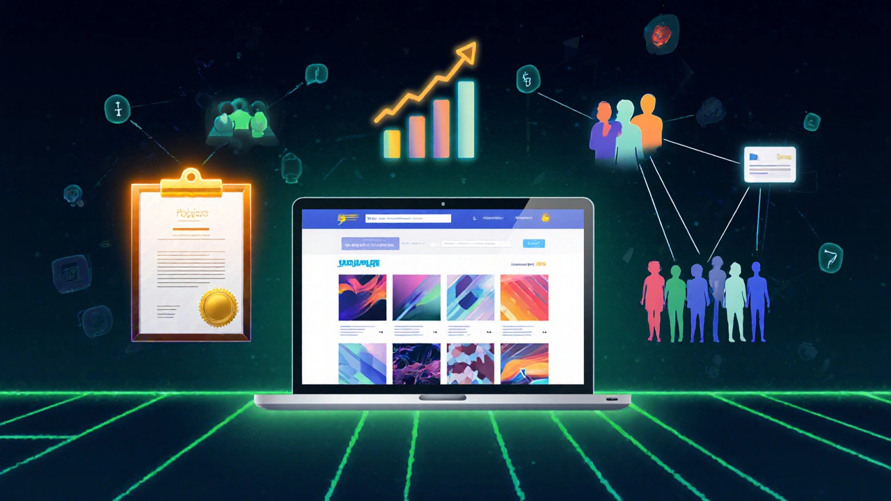 Portfolio‑Laptop, Zertifikat, Netzwerk‑Silhouetten und steigende Gehalts‑Grafik.