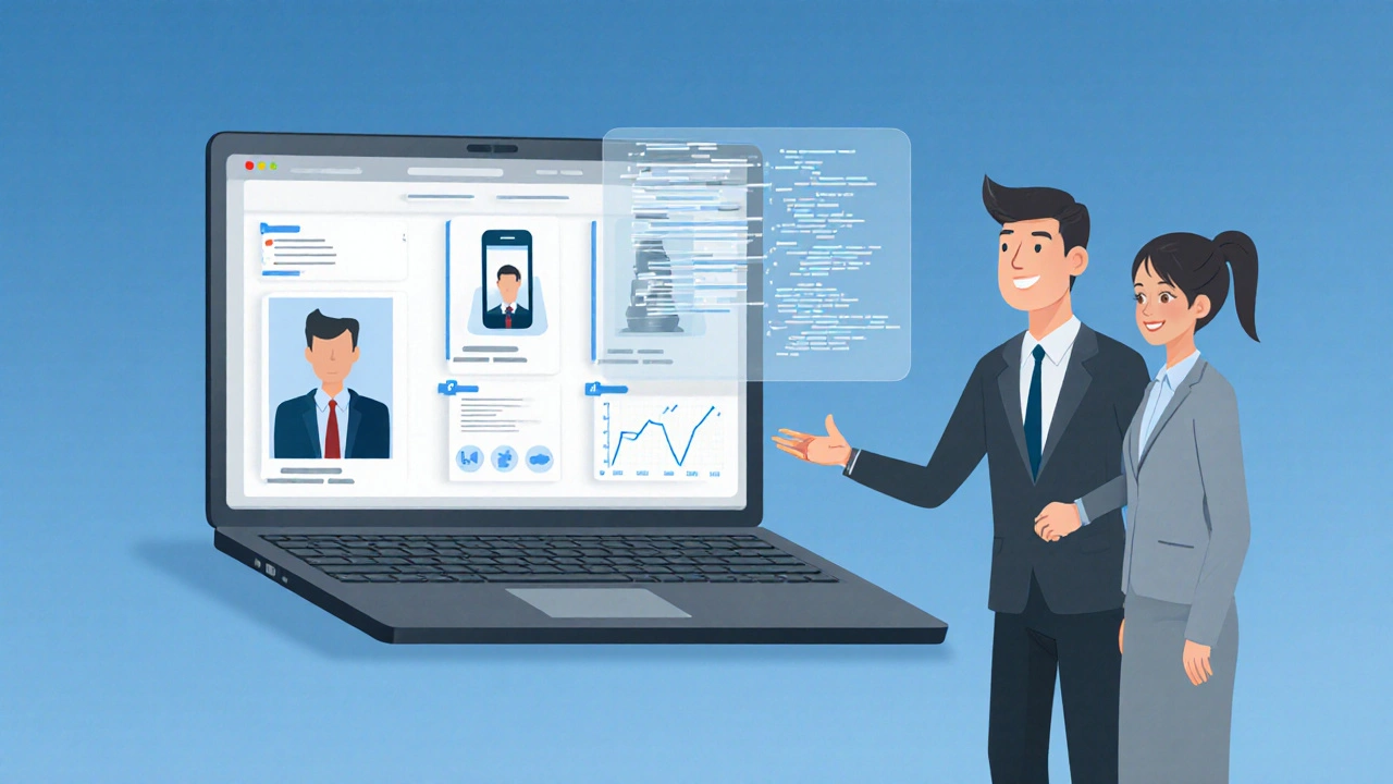 Recruiter prüft ein Portfolio mit Projektkarten und Code‑Übersicht auf einem Laptop, während der Kandidat daneben steht.