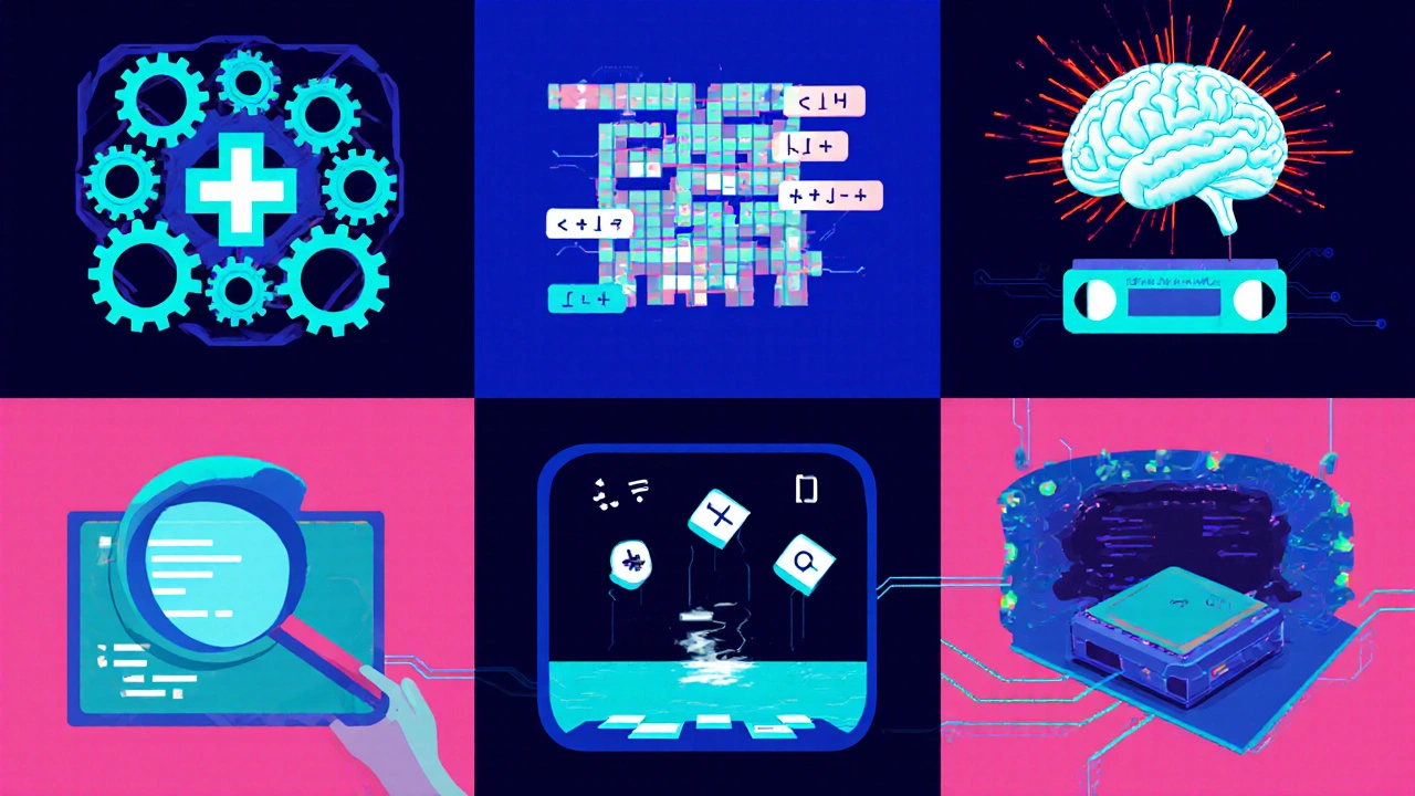 Sechs Illustrationen zeigen C++, Brainfuck, Malbolge, Haskell, Prolog und Assembler.