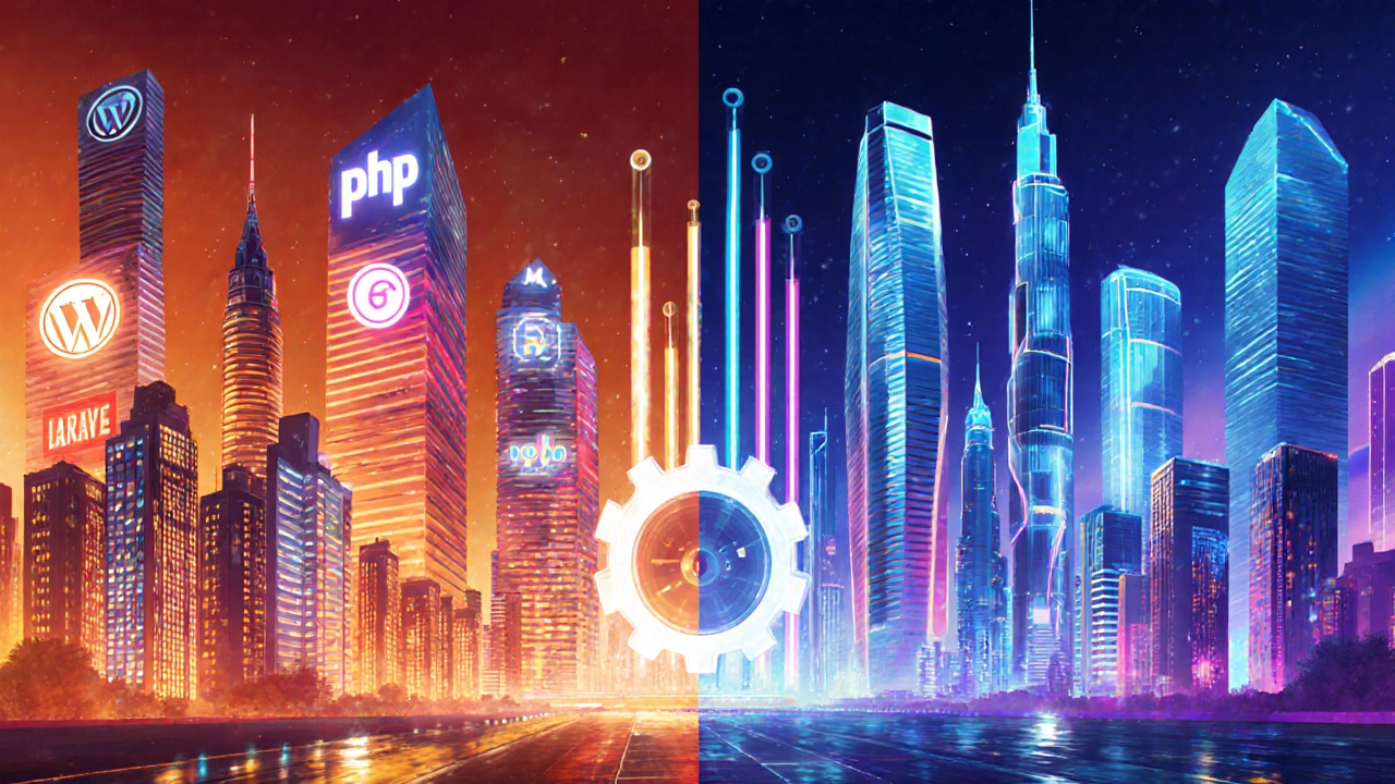 Vergleichsszene mit PHP‑Ecosystem links, Node.js und Python rechts, abstrakte Leistungsbalken.