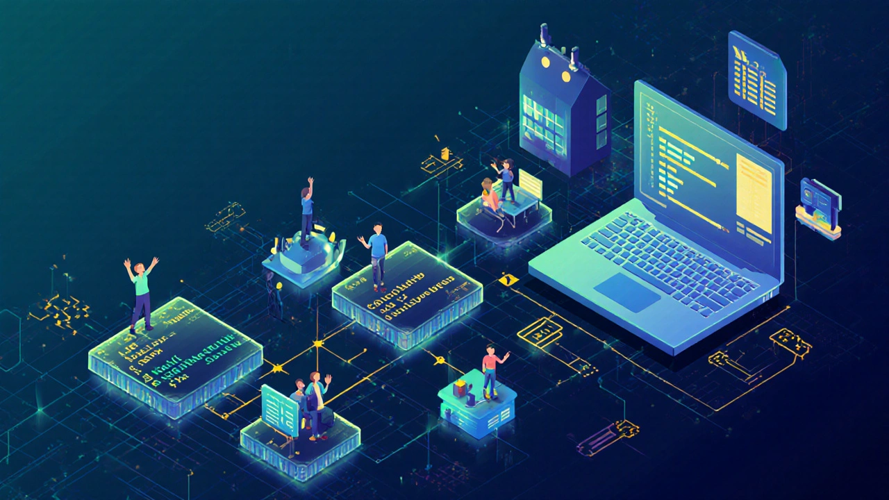 Visueller Pfad von einfachem Code zu einem erfolgreichen GitHub-Profil mit Projekten.
