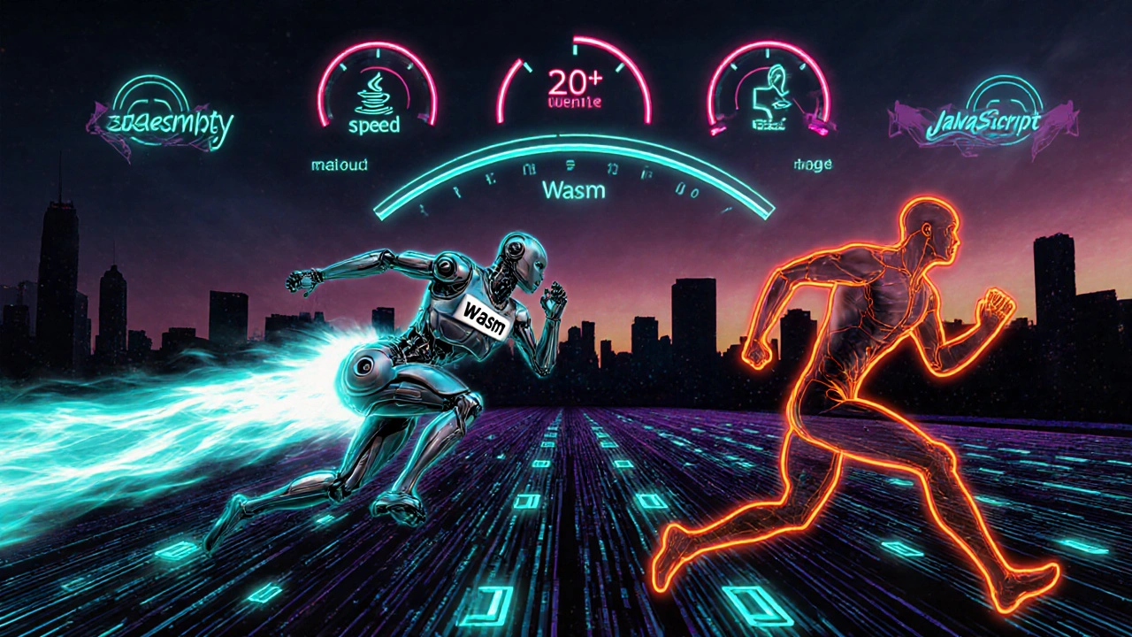 Wettlauf zwischen einem cyan‑glänzenden Wasm‑Roboter und einem orange‑roten JavaScript‑Sprinter.