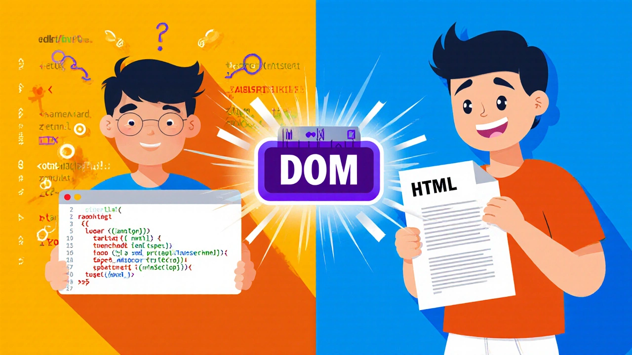 Zwei Seiten: Links ein verwirrter Anfänger mit JavaScript-Fehlern, rechts ein zufriedener Entwickler mit funktionierendem HTML und JavaScript.