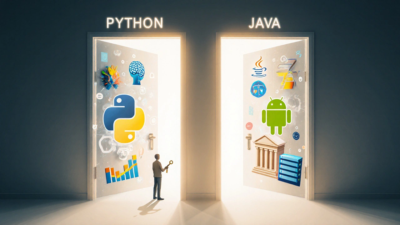 Zwei Türen: Python mit Daten- und KI-Symbolen, Java mit Bank- und Android-Symbolen.