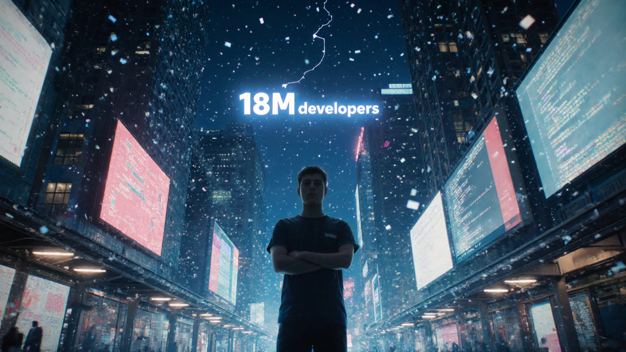 A city at night powered entirely by invisible JavaScript, with developers observing the infrastructure.