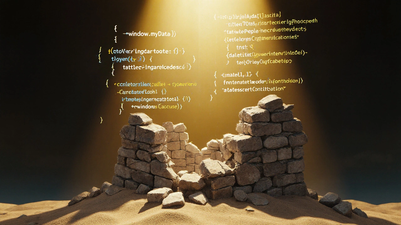 A house built on sand with clean code forming a stable foundation versus chaotic global variables.