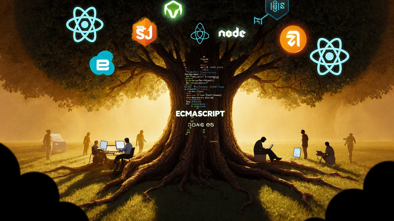 A tree with JavaScript roots and tech framework branches, glowing with ES2025 features.