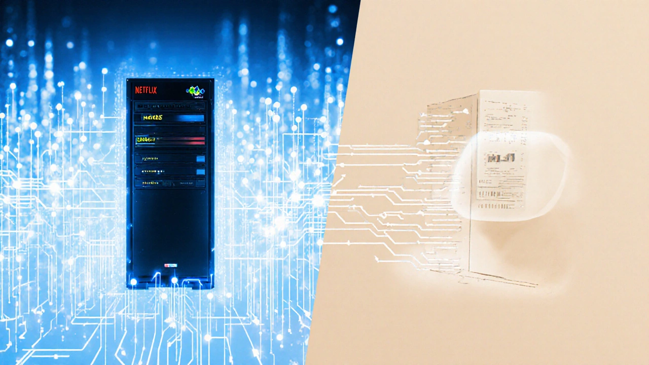 Aufgesplittete Darstellung: Node.js mit vielen gleichzeitigen Verbindungen links, PHP mit sequenziellen Anfragen rechts