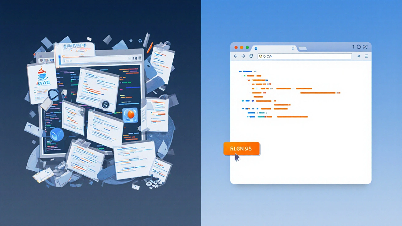 Aufgeteilter Bildschirm: links Java-Setup mit vielen Dateien, rechts einfaches JavaScript in einem Browser.