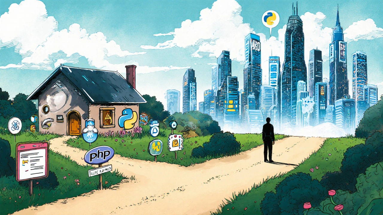 Comic-Stil: Entscheidung zwischen kleiner WordPress-Website und einer futuristischen Stadt aus KI und Automatisierung.