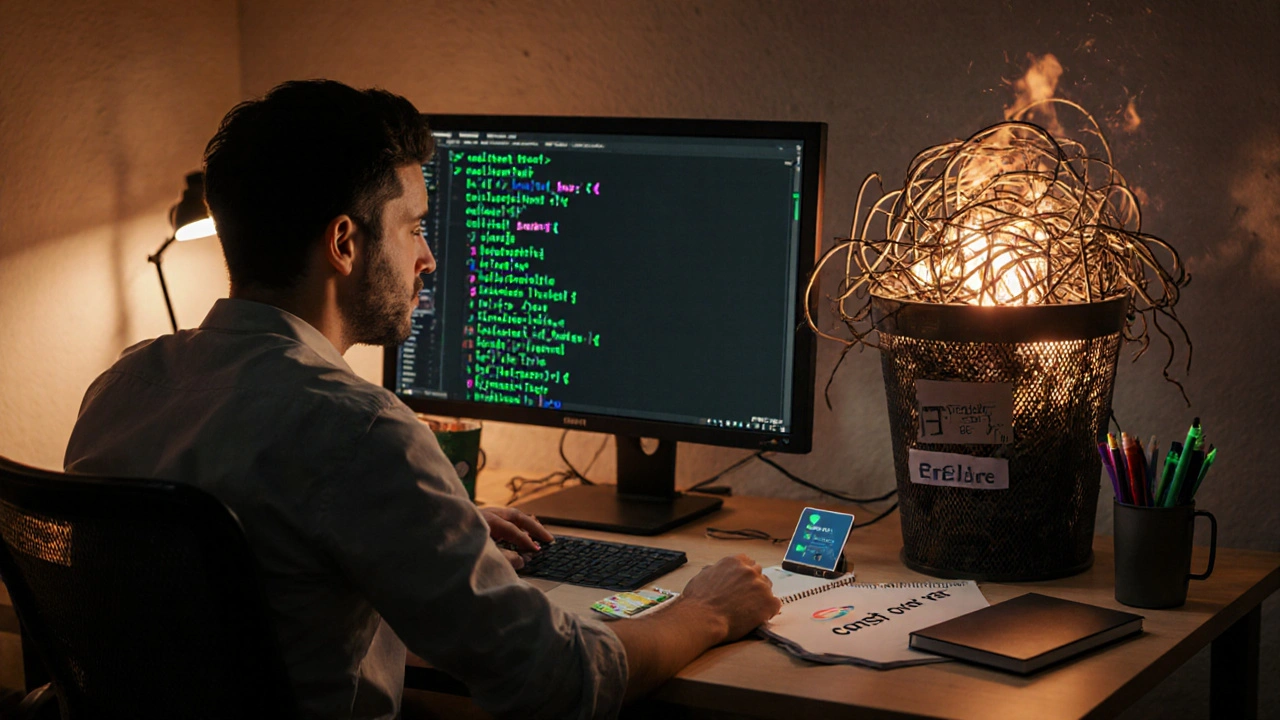 Developer reviewing green test results while outdated code patterns burn in the background.