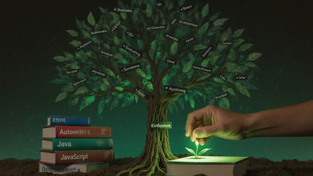 Ein Baum aus Python-Codezweigen mit Anwendungen wie KI und Automatisierung als Blätter.